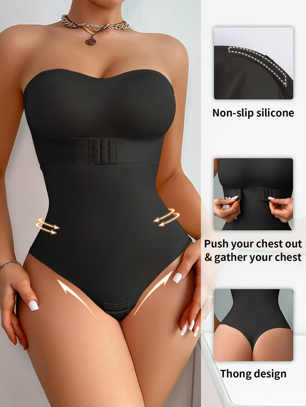 Solid Seamless Strapless Front Closure Bodysuit, Slimmer Bodyshaper, Women's Underwear & Shapewear