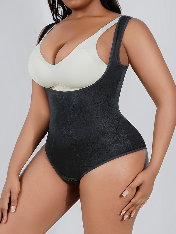 Women's Plus Simple Shapewear Bodysuit, Plus Size Solid Open Bust Tummy Control Slimmer Body Shaper