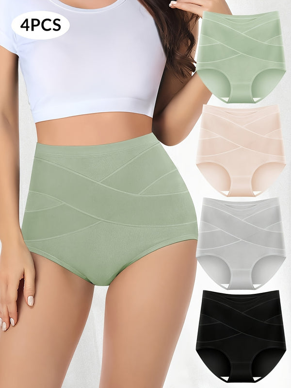 4-Pack Elegant High-Waisted Women's Panties, Tummy Control Hip-Lift Underwear, Breathable Full Coverage Briefs