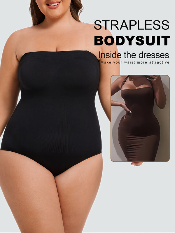 Women's Plus Elegant Shapewear Bodysuit, Plus Size Solid Seamless Tummy Control Multiway Tube Body Shaper With Detachable Shoulder Straps