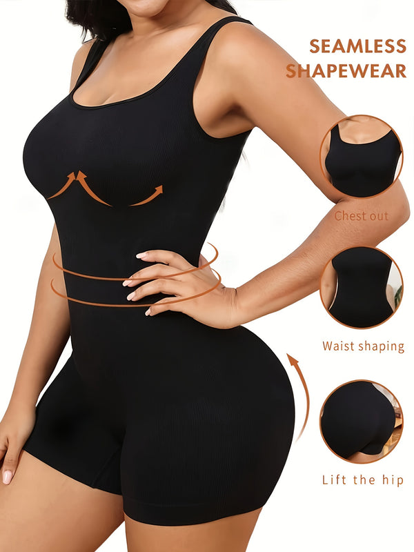 Plus Size Sexy Shapewear Bodysuit, Women's Plus Seamless Tummy Control Butt Lifting Solid Slimming Baby Shaper